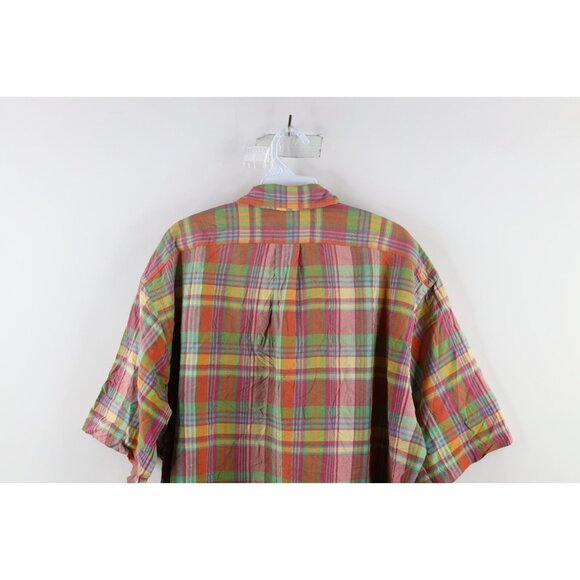 Vtg 90s Ralph Lauren Mens Large Faded India Madras Plaid Button Shirt Rainbow - Picture 9 of 10